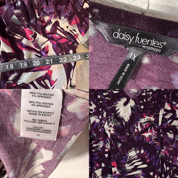 DAISY FUENTES new stretch top 1X purple/white/black wrap vneck elbow sleeves - Picture 2 of 4